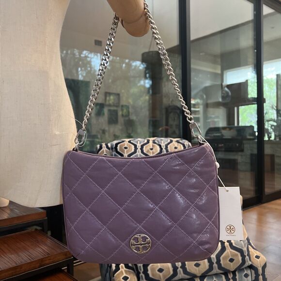NWT Tory Burch Willa Zip Top Shoulder Bag Quilted Allium Purple with Chain Strap - Picture 2 of 14